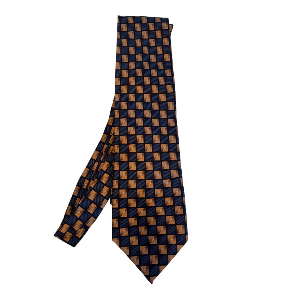 Kilburne and Finch Silk Tie Navy Blue Bronze Geometric Square Hand Made 4 Inch‎